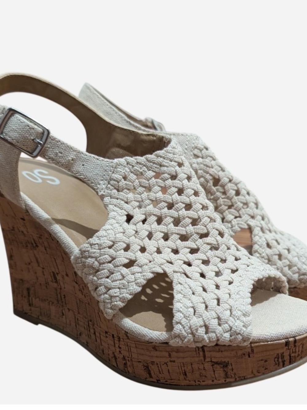 Woven Cream Wedge Sandals by SO